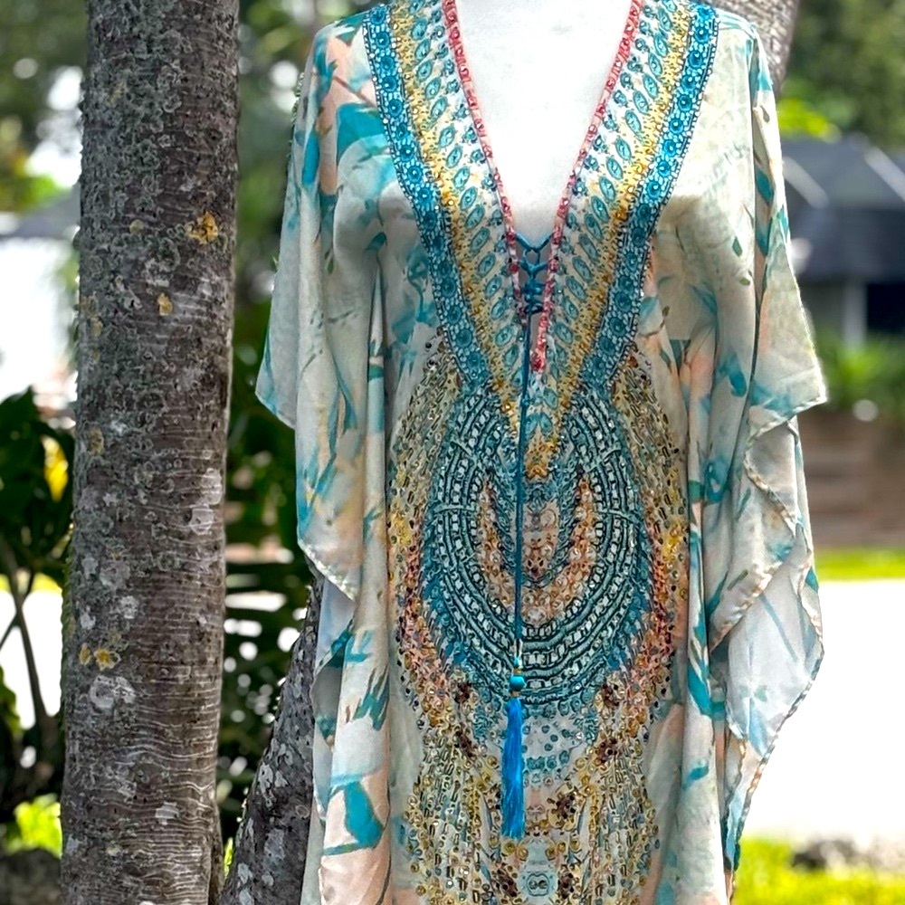 Bohemian Teal & Cream V-Neck Printed Maxi Dress